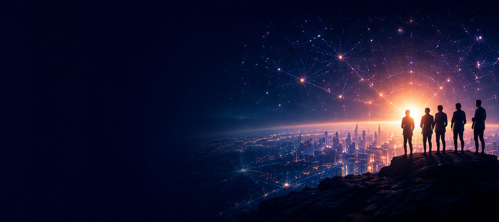 Leadership team looking out over a connected, intelligent city skyline at night