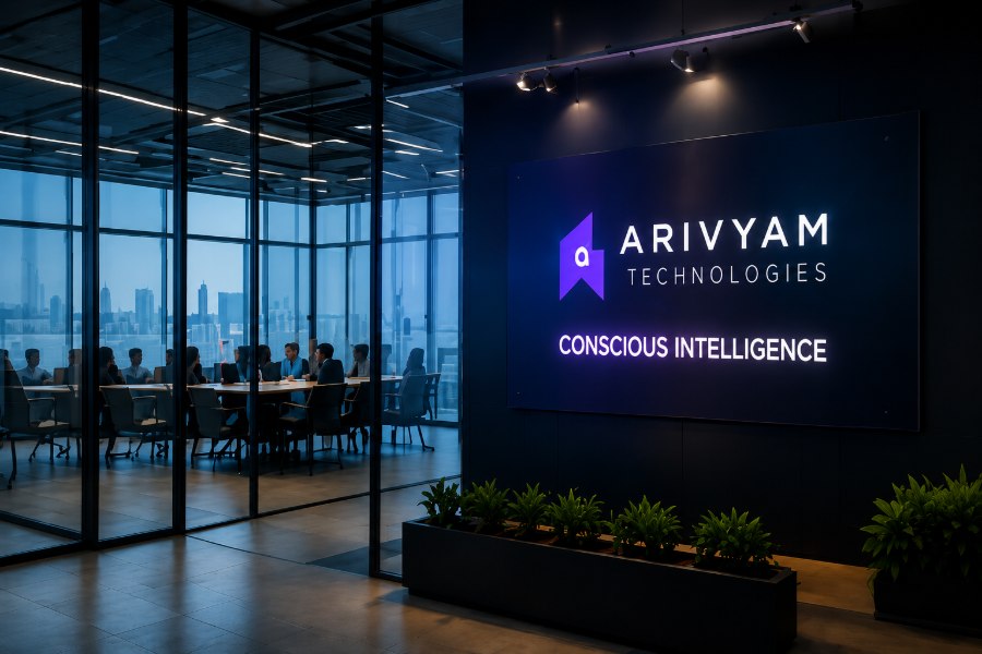 Arivyam Technologies office — glass meeting room with the Conscious Intelligence brand wall