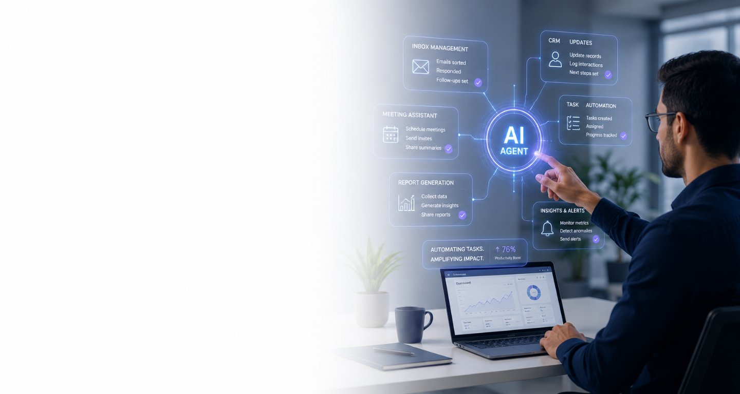 Professional working with an AI agent orchestrating tasks across systems
