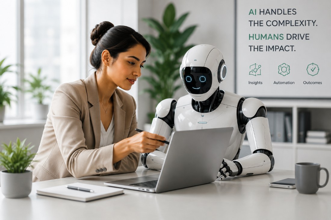 A professional and an AI agent working together at a laptop