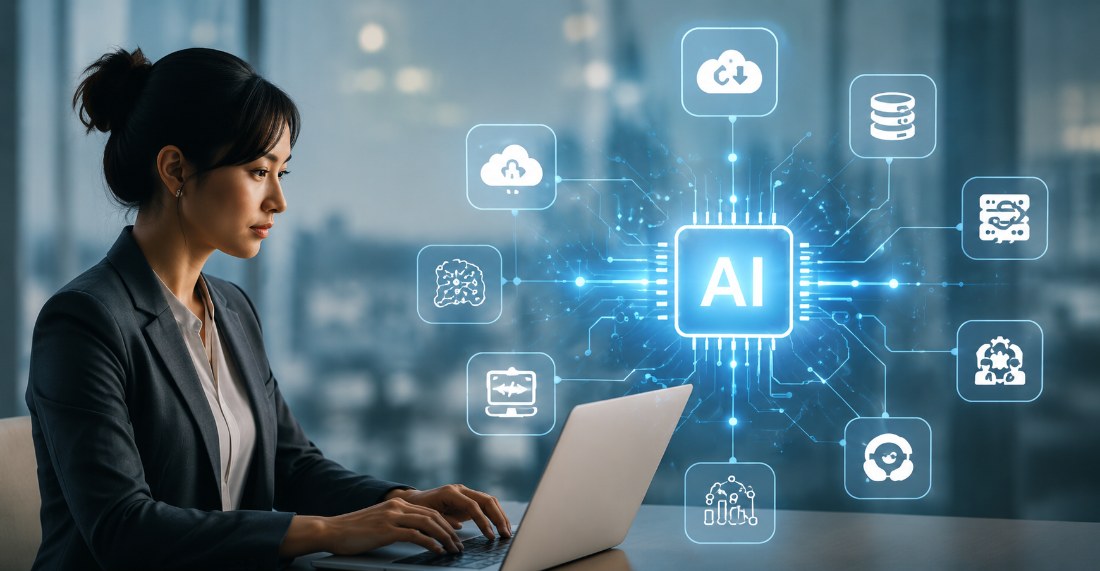 Business leader working with an AI-connected system of capabilities