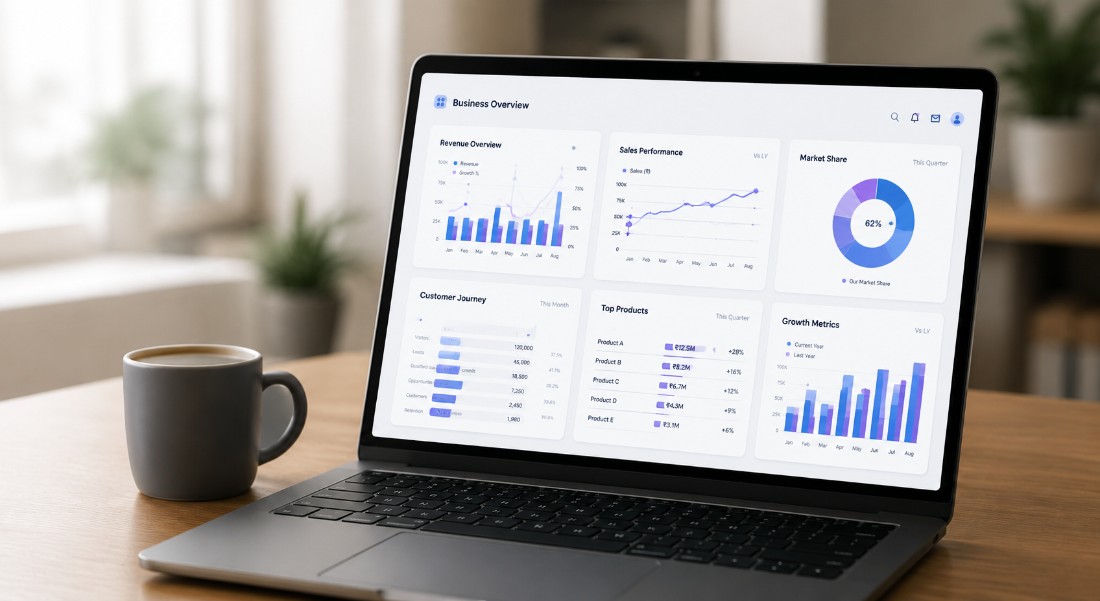 Business overview dashboard showing revenue, sales and growth metrics